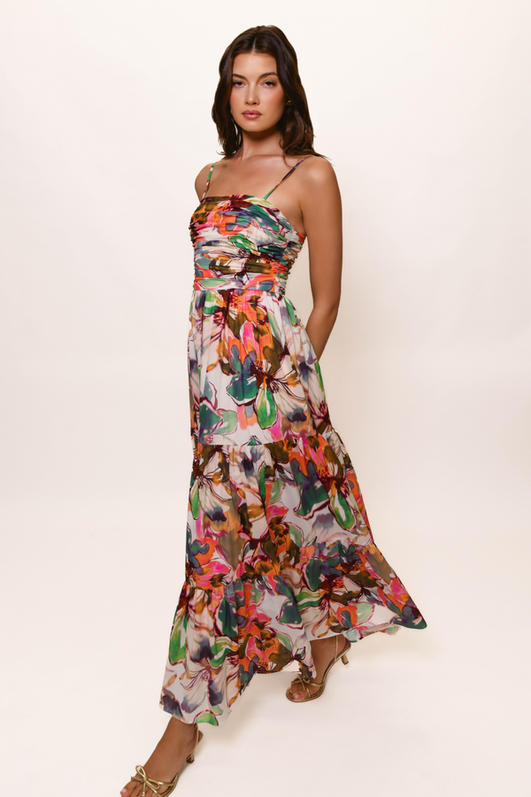 Bethy Dress in Blush Messy Rainbow Watercolor Floral