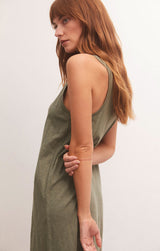 Dark Olive Green Reverie Slub Midi Dress Midi Dress