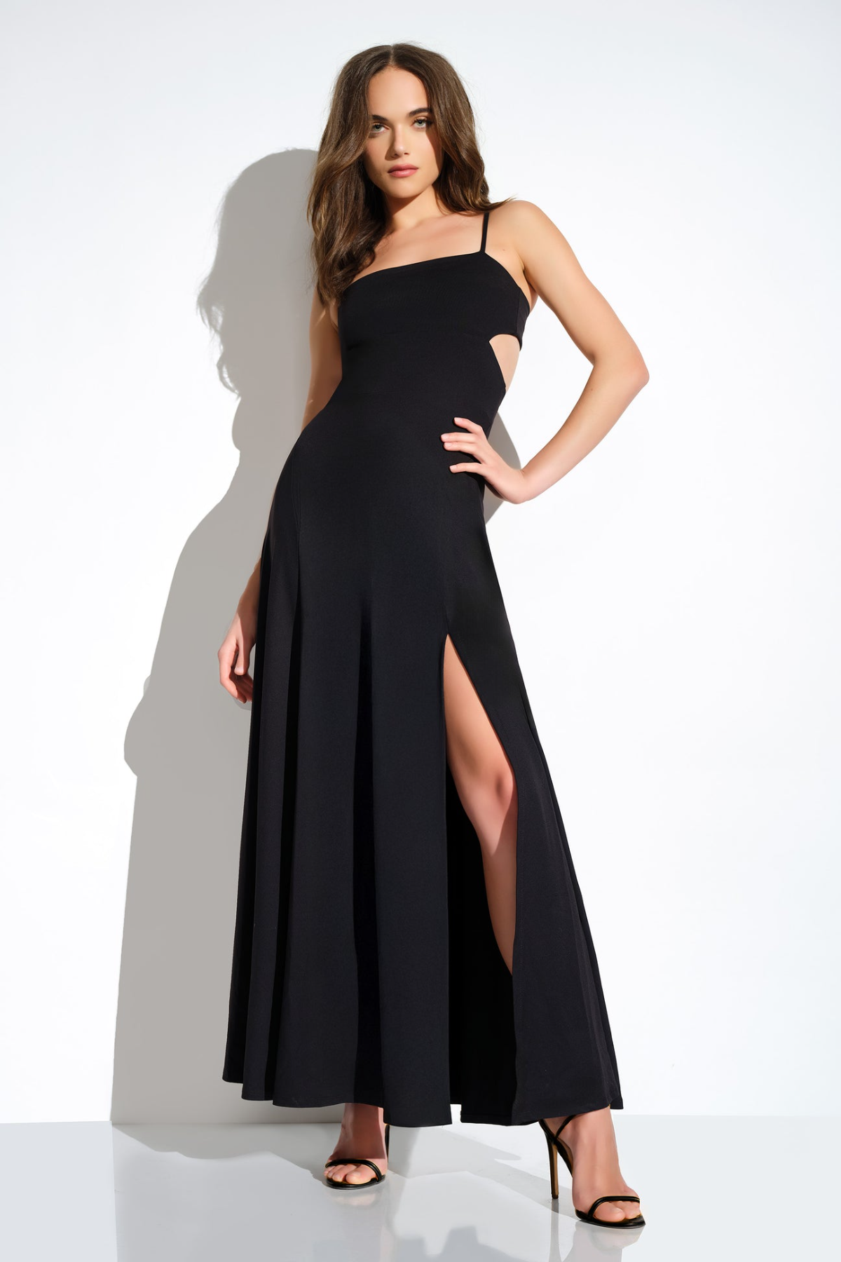 string cut out long slit dress s / Black