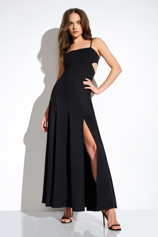 Black String Cut Out Long Slit Dress Maxi Dress