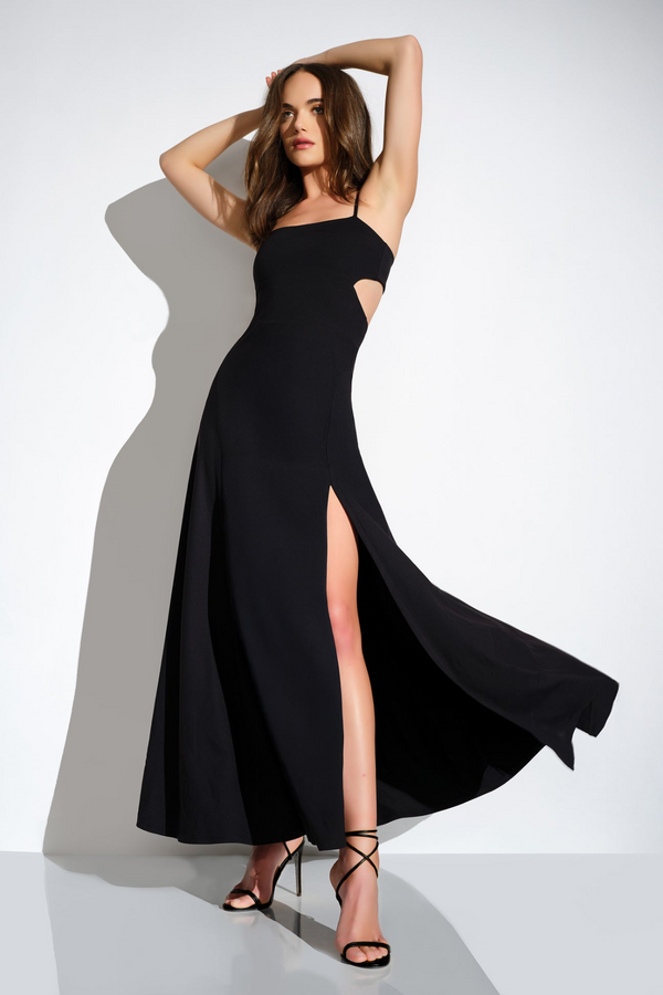 Black String Cut Out Long Slit Dress Maxi Dress