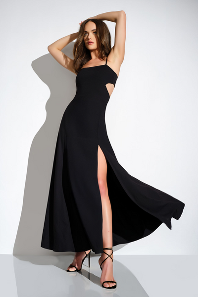 dress with slit Long Satin Sleeveless A-line Gown by Ladivine B8402 Full Length Sleeve Style string cut out long slit
