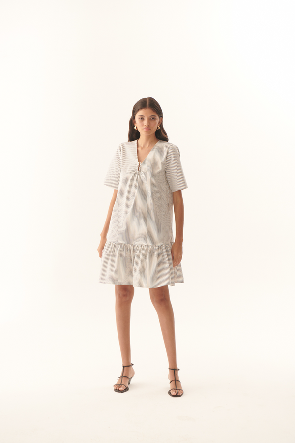 Floral White Jane Dress in Black/White Stripe Mini Dress