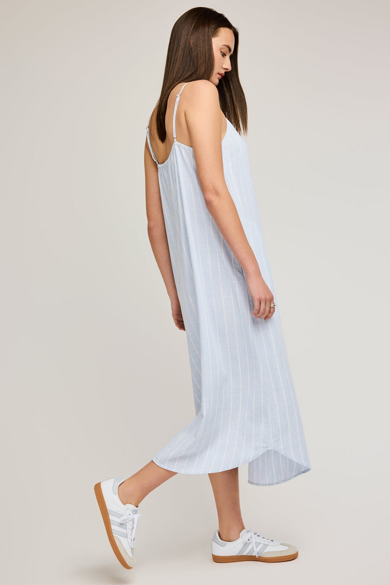 Light Gray Brooke Linen Dress in Sky Stripe Midi Dress