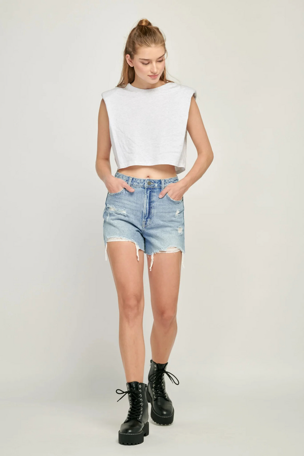 Light Gray Sofie Distressed Mom Shorts | Medium Light Denim Shorts