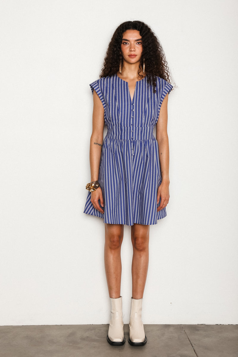 Beige Short Sleeve Striped Mini Dress Mini Dress