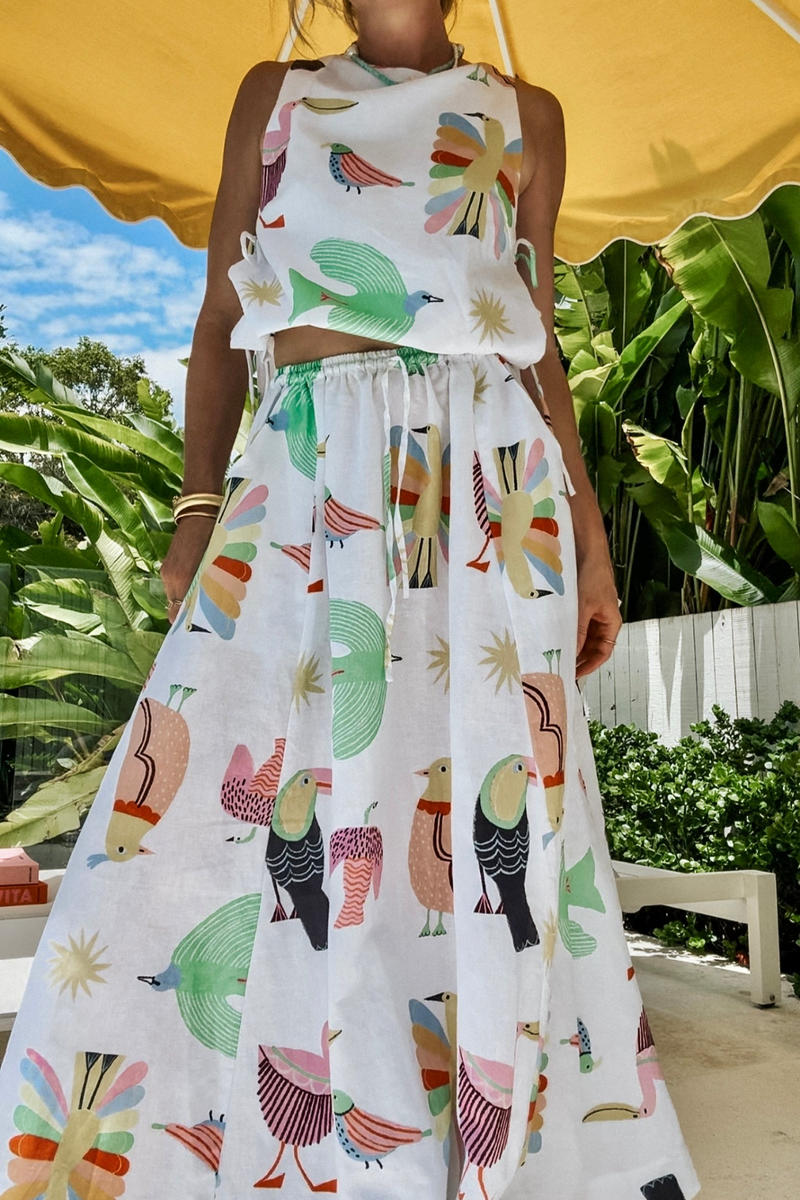 Gray Luca Linen Maxi in Birds of Paradise Maxi Skirt