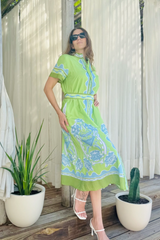 Light Gray Sydney Shirtdress in Bouquet Lime Midi Dress