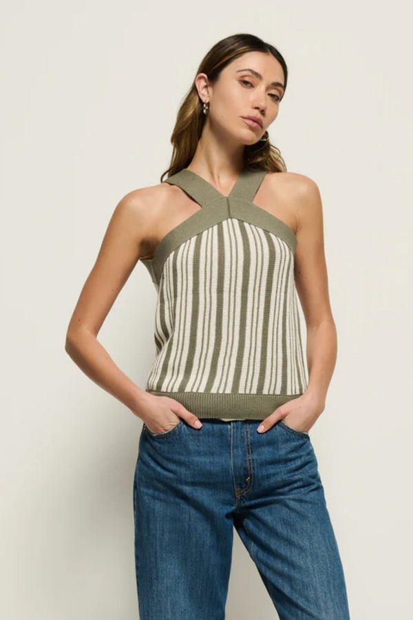 Light Gray Indy Halter Sweater in Herb Stripe Top
