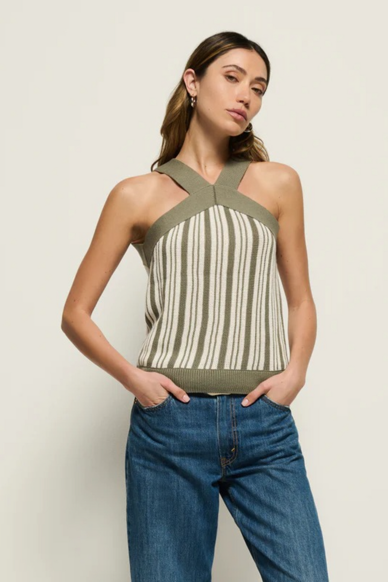 Light Gray Indy Halter Sweater in Herb Stripe Top