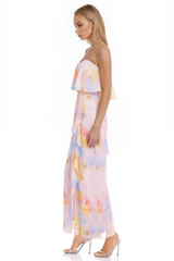 Light Gray Felicity Printed Strapless Popover Gown in Pink Multi Formal Dress