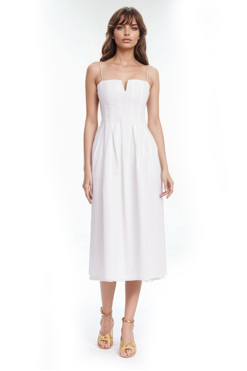 Jewel Badgley Mischka Hallie Pleated Cotton Poplin Midi Dress, Size: 6 in White Jewel Badgley Mischka Hallie Pleated Cotton Poplin Midi Dress, Size: 6 in White