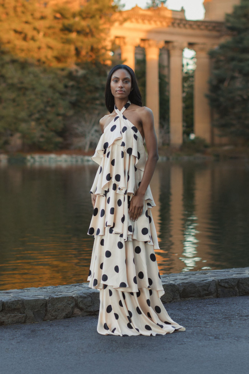 Mac Duggal Women's Polka Dot Charmeuse Halter Tiered Ruffle Gown - Cream Black Mac Duggal Women's Polka Dot Charmeuse Halter Tiered Ruffle Gown - Cream Black