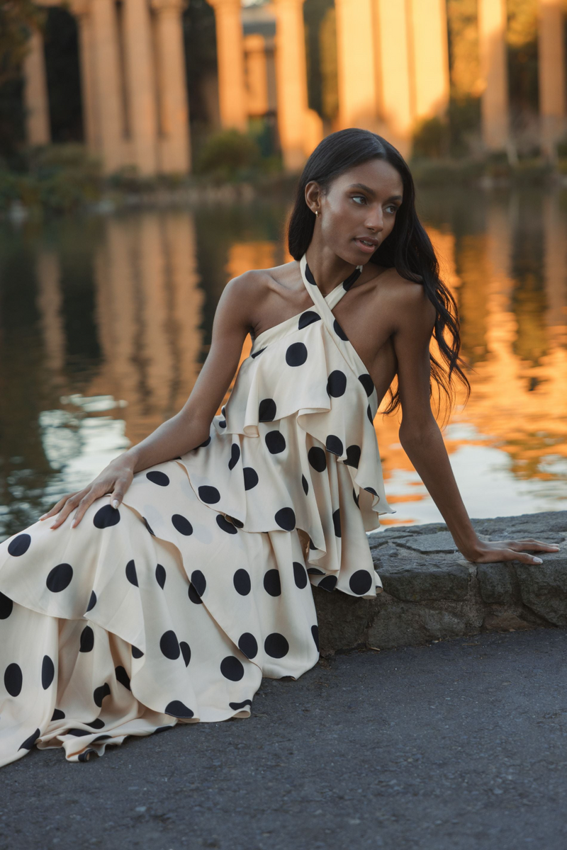 MAC DUGGAL Ieena Charmeuse ティアード フリル ドレス*全2色 Tiered Ruffle Polka Dot Charmeuse Gown – Two Cumberland