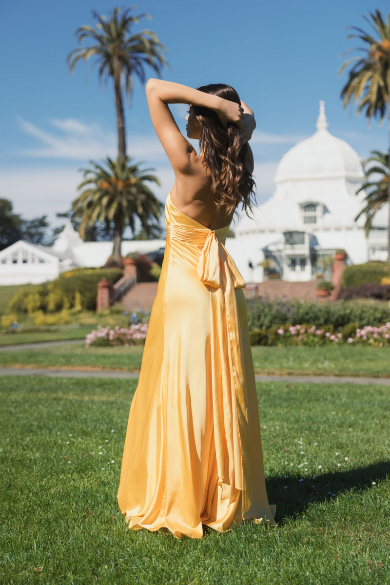 Ruched Halter Neck Tie Back Satin Gown | Lemon Two Cumberland Ruched Halter Neck Tie Back Satin Gown | Lemon Two Cumberland