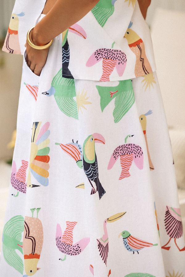 Light Gray Luca Linen Maxi in Birds of Paradise Maxi Skirt
