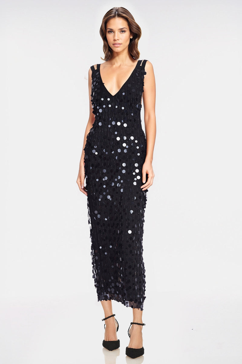 White Smoke The Stardust | Black Sequin Paillette Midi Dress Formal Dress