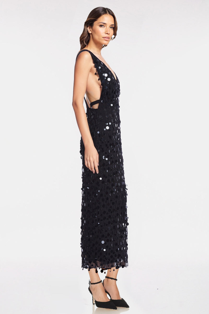 The Stardust Black Sequin Paillette Midi Dress Two Cumberland