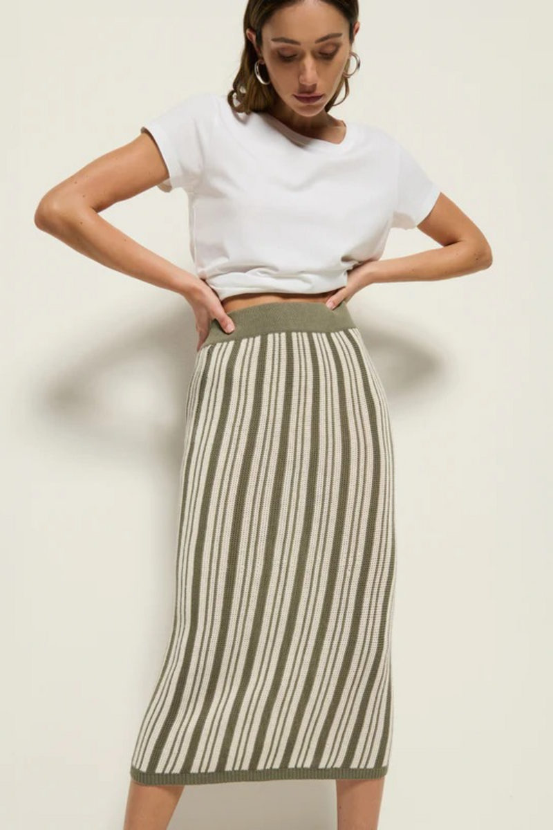 Light Gray Mirella Sweater Skirt in Herb Stripe Midi Skirt