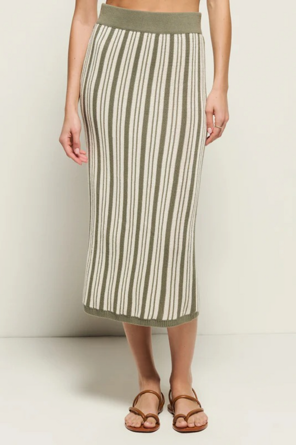 Light Gray Mirella Sweater Skirt in Herb Stripe Midi Skirt