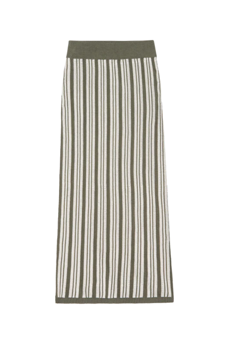 Light Gray Mirella Sweater Skirt in Herb Stripe Midi Skirt