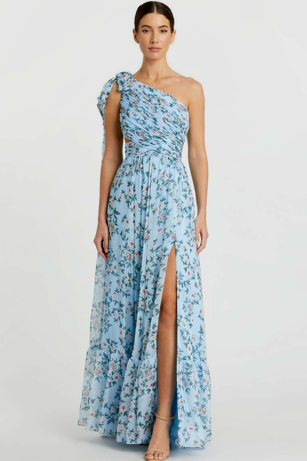 【Mac Duggal】One Sleeve Ruched Chiffon Gown With 3D Flower One Sleeve Ruched Chiffon Gown With 3D Flower - Mac Duggal