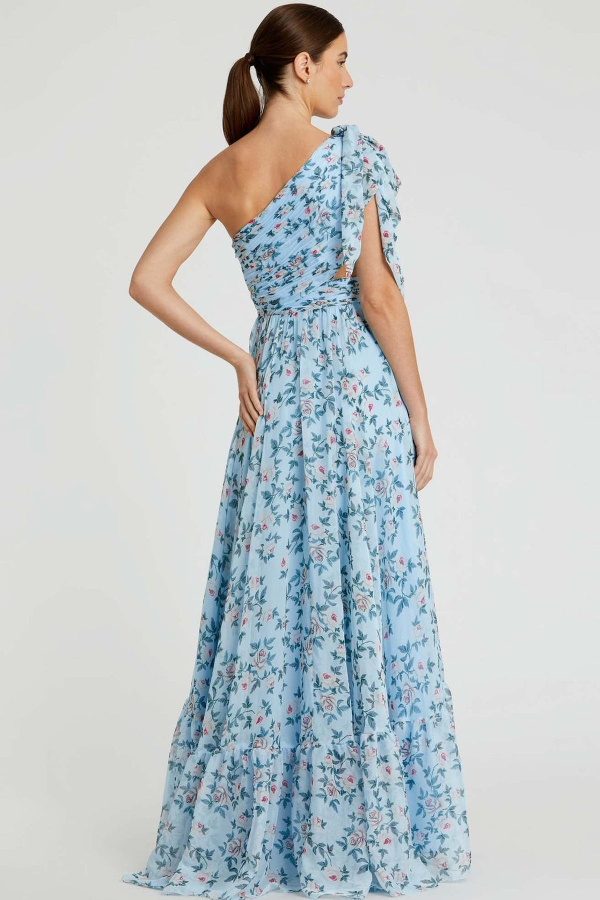 Blue Floral Chiffon One Shoulder Gown