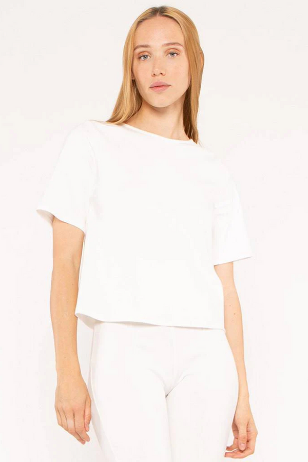 White Smoke Ponte Knit Short Sleeve Top Extended Top