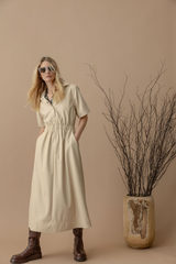 Rosy Brown Elastic Waist Short Sleeve Dress Midi Dress