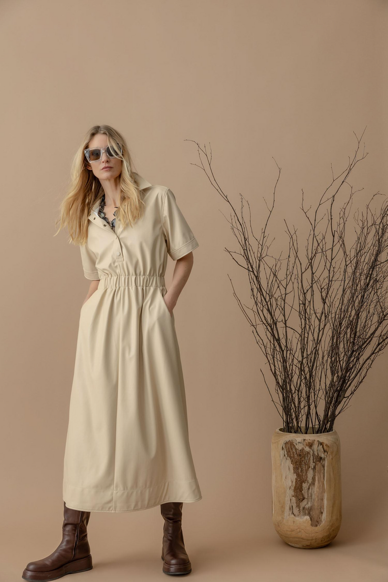 Rosy Brown Elastic Waist Short Sleeve Dress Midi Dress