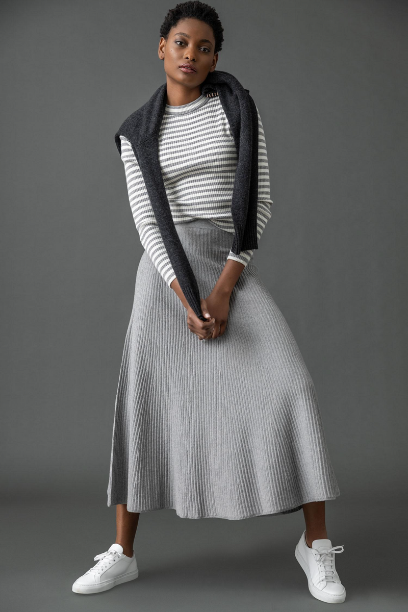 Midi Skirt Outfit Gray Sweater Skirt Flared Sweater Skirt – Two