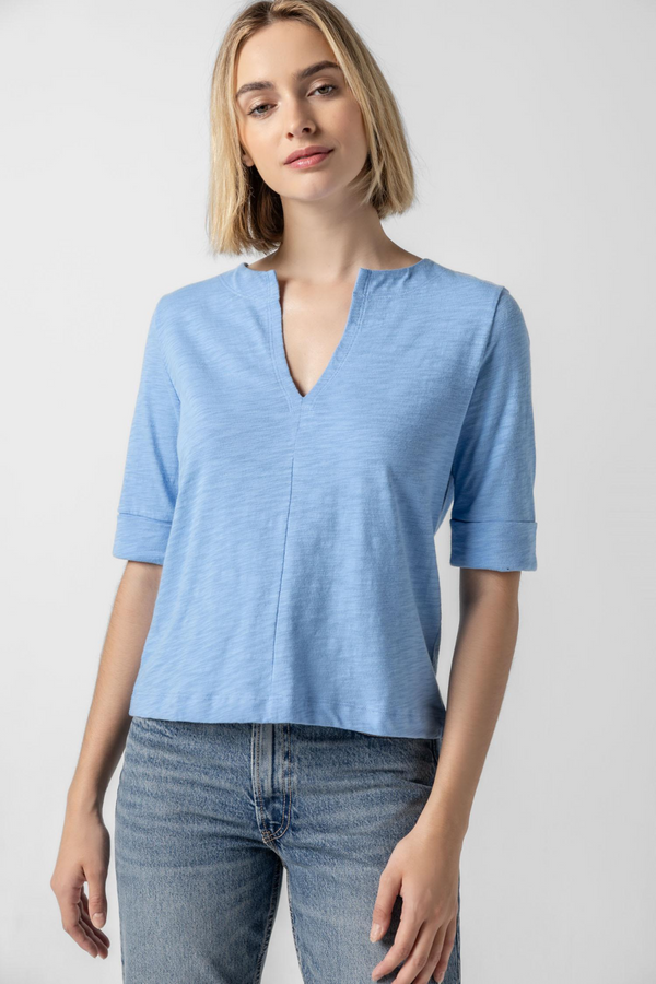 Cuffed Sleeve Split Neck