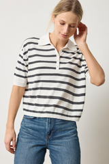 Light Gray Drop Shoulder Polo Neck Sweater in Pearl/Licorice Top
