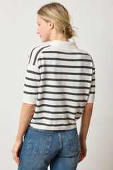 Light Gray Drop Shoulder Polo Neck Sweater in Pearl/Licorice Top