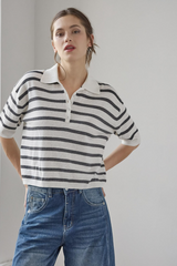 Gray Drop Shoulder Polo Neck Sweater in Pearl/Licorice Top