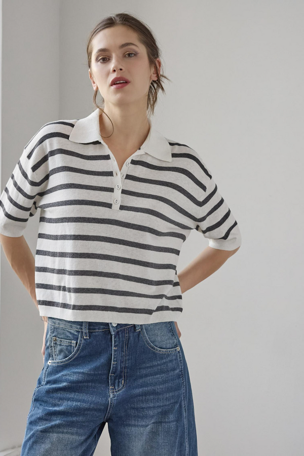 Gray Drop Shoulder Polo Neck Sweater in Pearl/Licorice Top