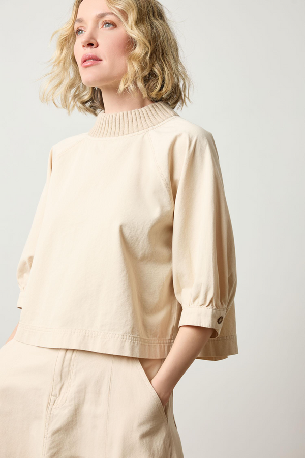 Light Gray Knit Collar Twill Top Top