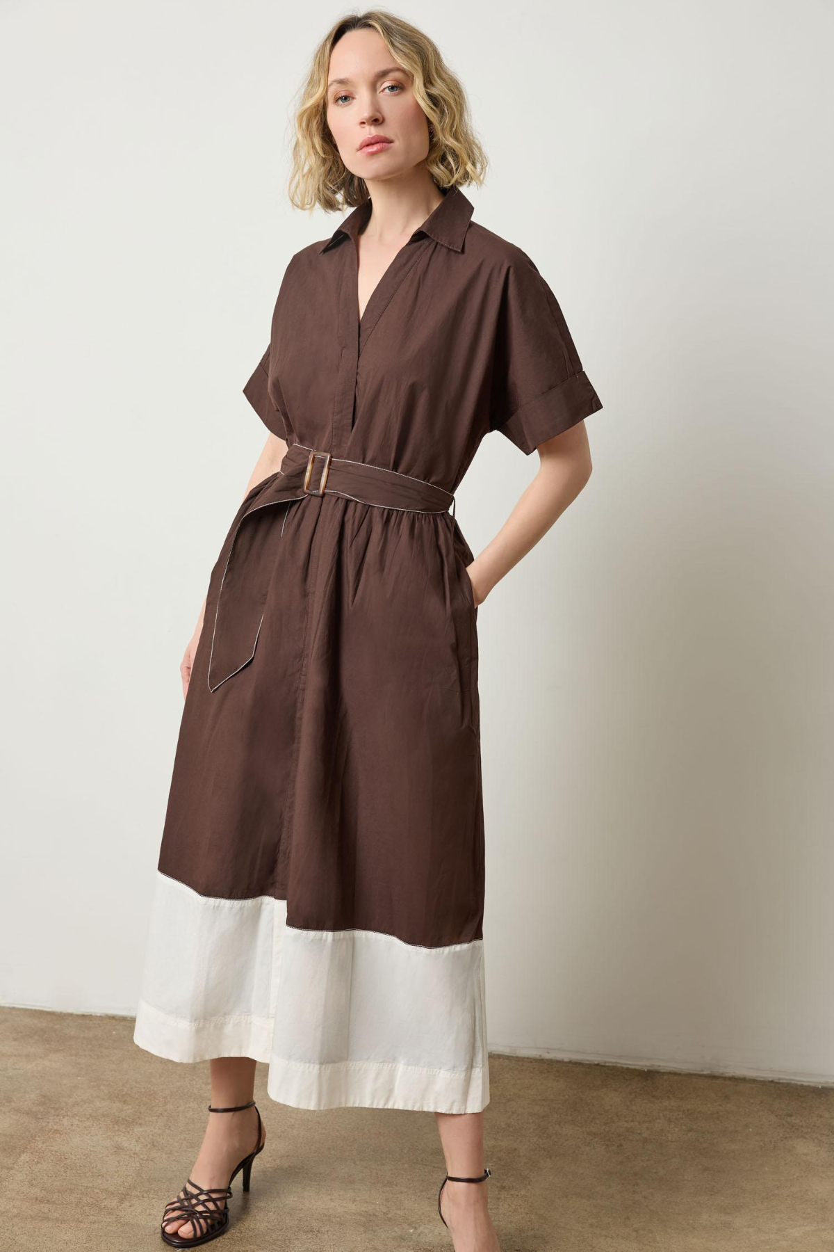 knee length dresses for ladies Collared Maxi Shirt Dress Espresso Colorblock / Small