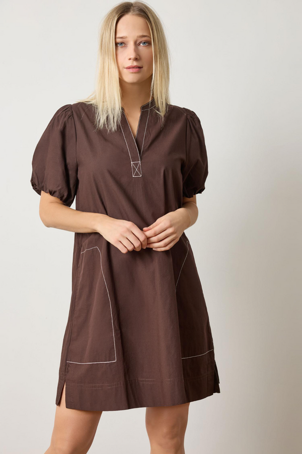 Light Gray Shirred Sleeve Split Neck Dress Mini Dress