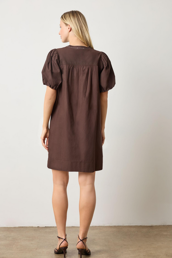 Light Gray Shirred Sleeve Split Neck Dress Mini Dress