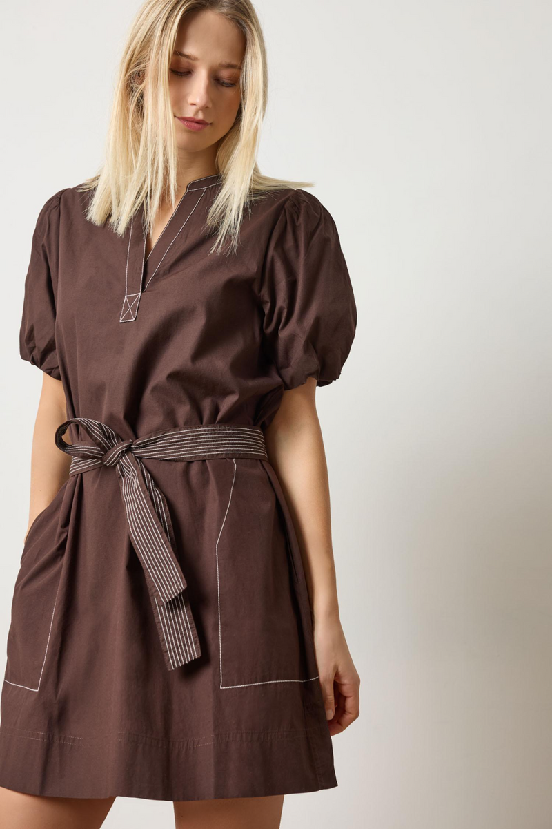 Light Gray Shirred Sleeve Split Neck Dress Mini Dress