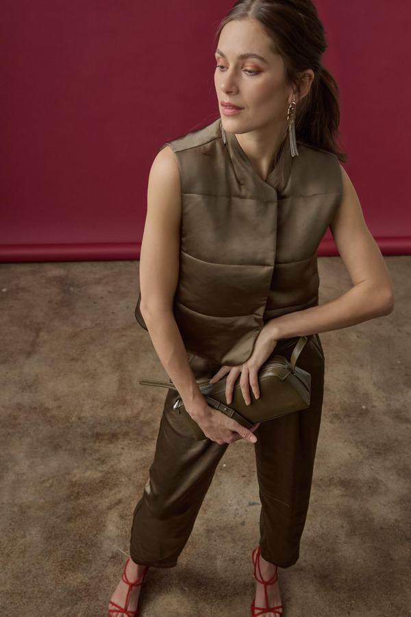 Dark Olive Green Satin Quilted Vest Vest