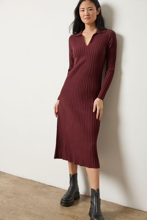 Light Gray Long Sleeve Rib Henley Dress Midi Dress