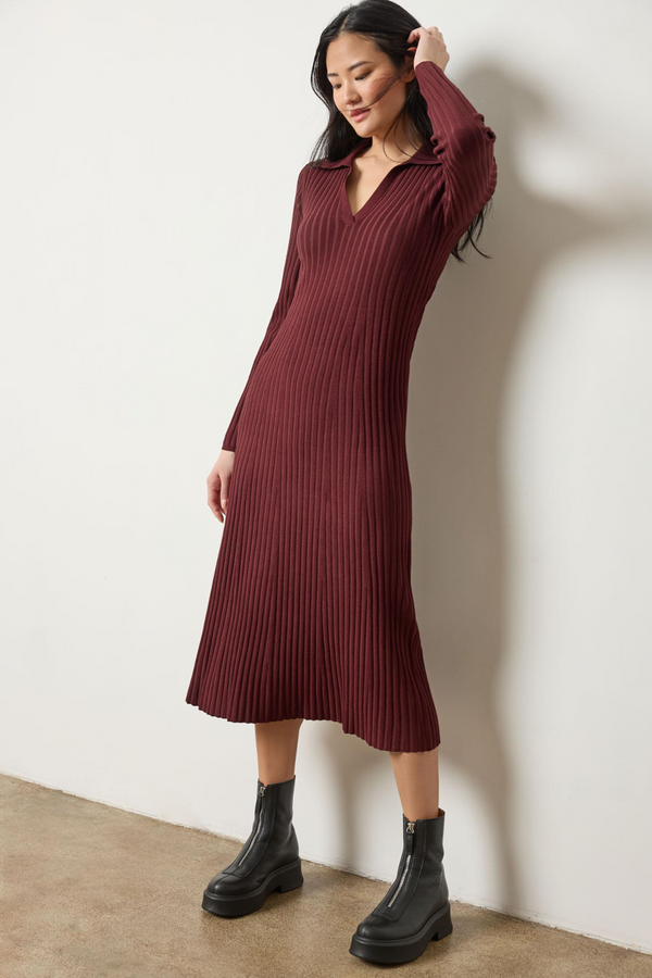 Light Gray Long Sleeve Rib Henley Dress Midi Dress