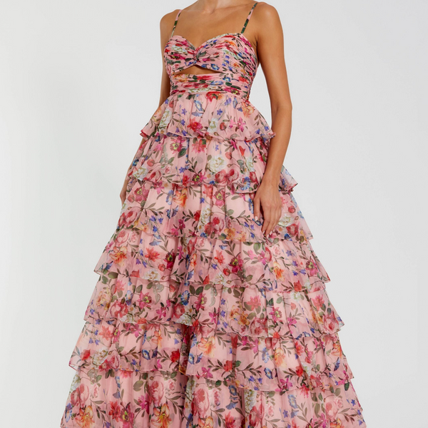 Pink Floral Cut Out Ruffle Tiered Gown