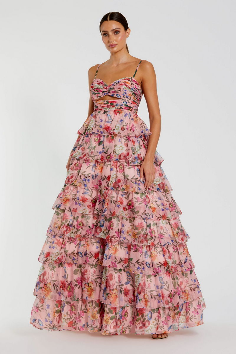 Mac Duggal - Pink Floral Cut Out Ruffle Tiered Gown - US 10 Mac Duggal - Pink Floral Cut Out Ruffle Tiered Gown - US 10