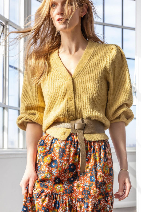Light Gray Puff Sleeve Cardigan Sweater Sweater