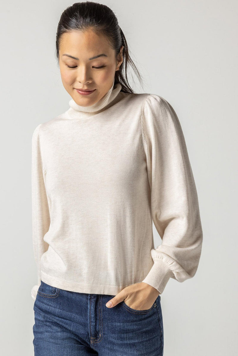 Light Gray Puff Sleeve Turtleneck Sweater