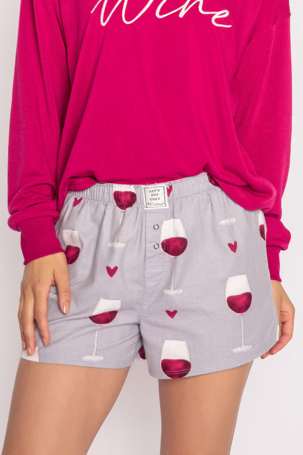 Gray Wine Lover Flannel Shorts Pajamas