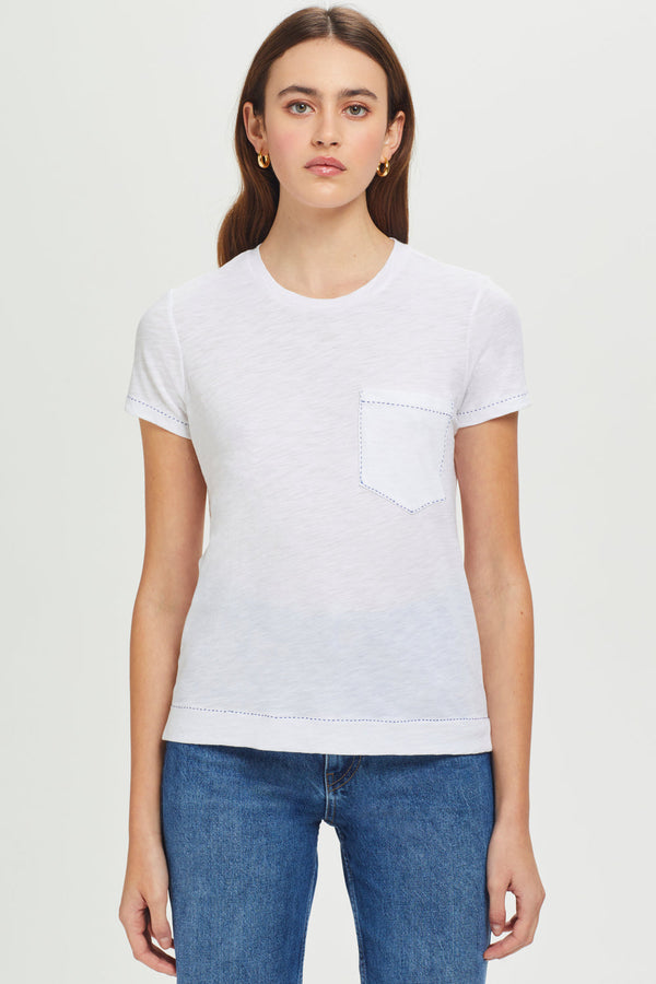 Light Gray Running Stitch Pocket Tee Shirts & Tops